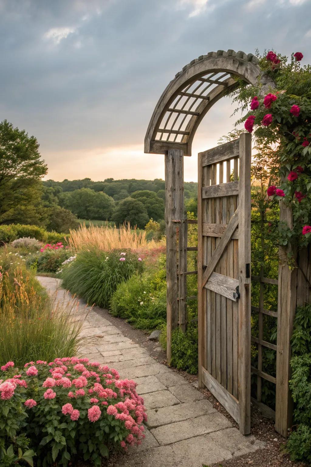 An arched top wood gate brings a fairy-tale charm to your garden space.