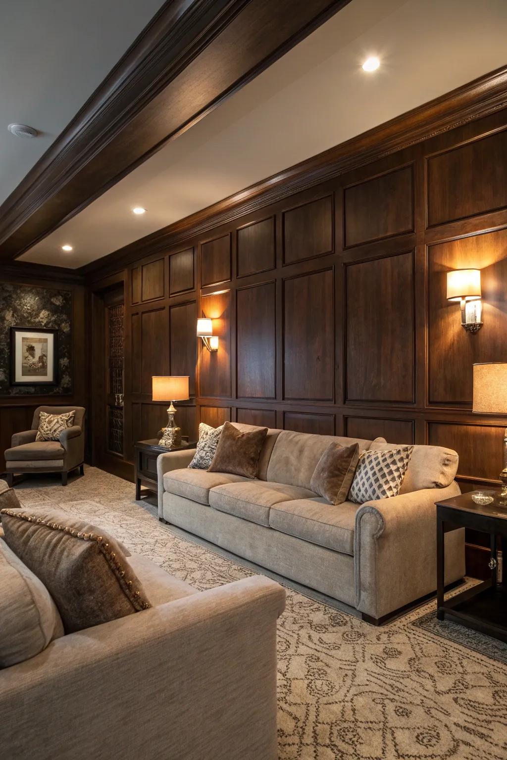A feature wall clad in wood paneling introduces warmth to any living room.