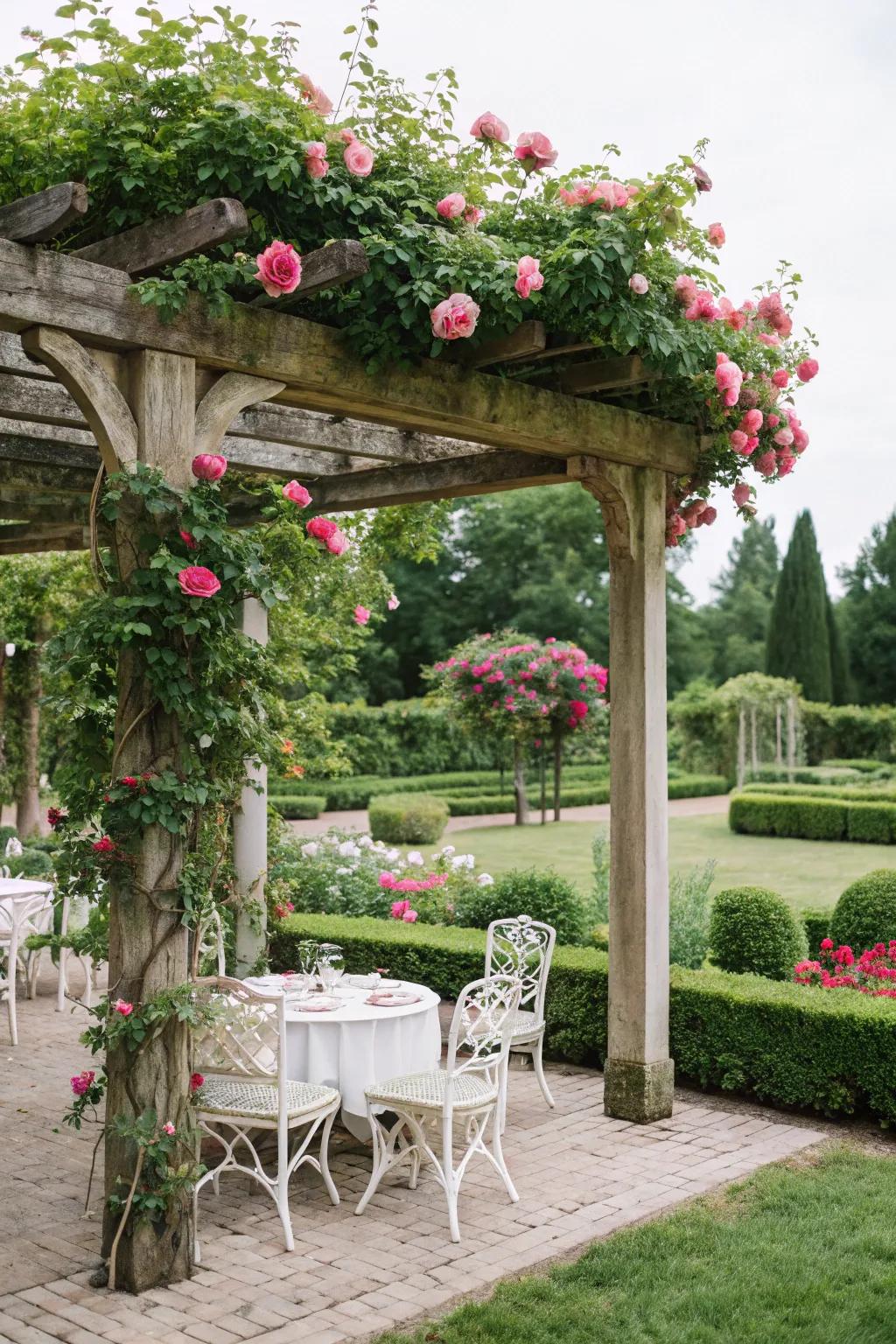 A classic timber trellis, beautifully draped with blossoming roses.