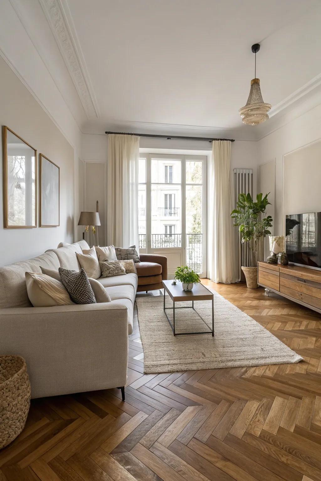 A contemporary living area featuring a herringbone wood floor that radiates sophistication.