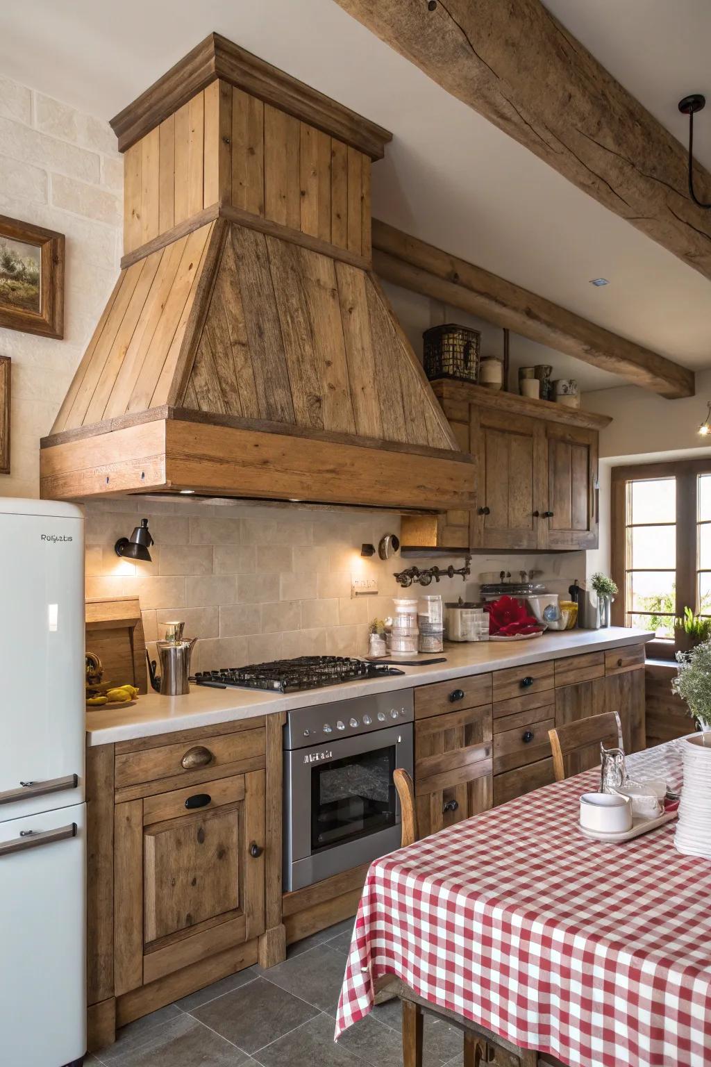 A countryside timber chimney hood enriches any cooking area with coziness and allure.