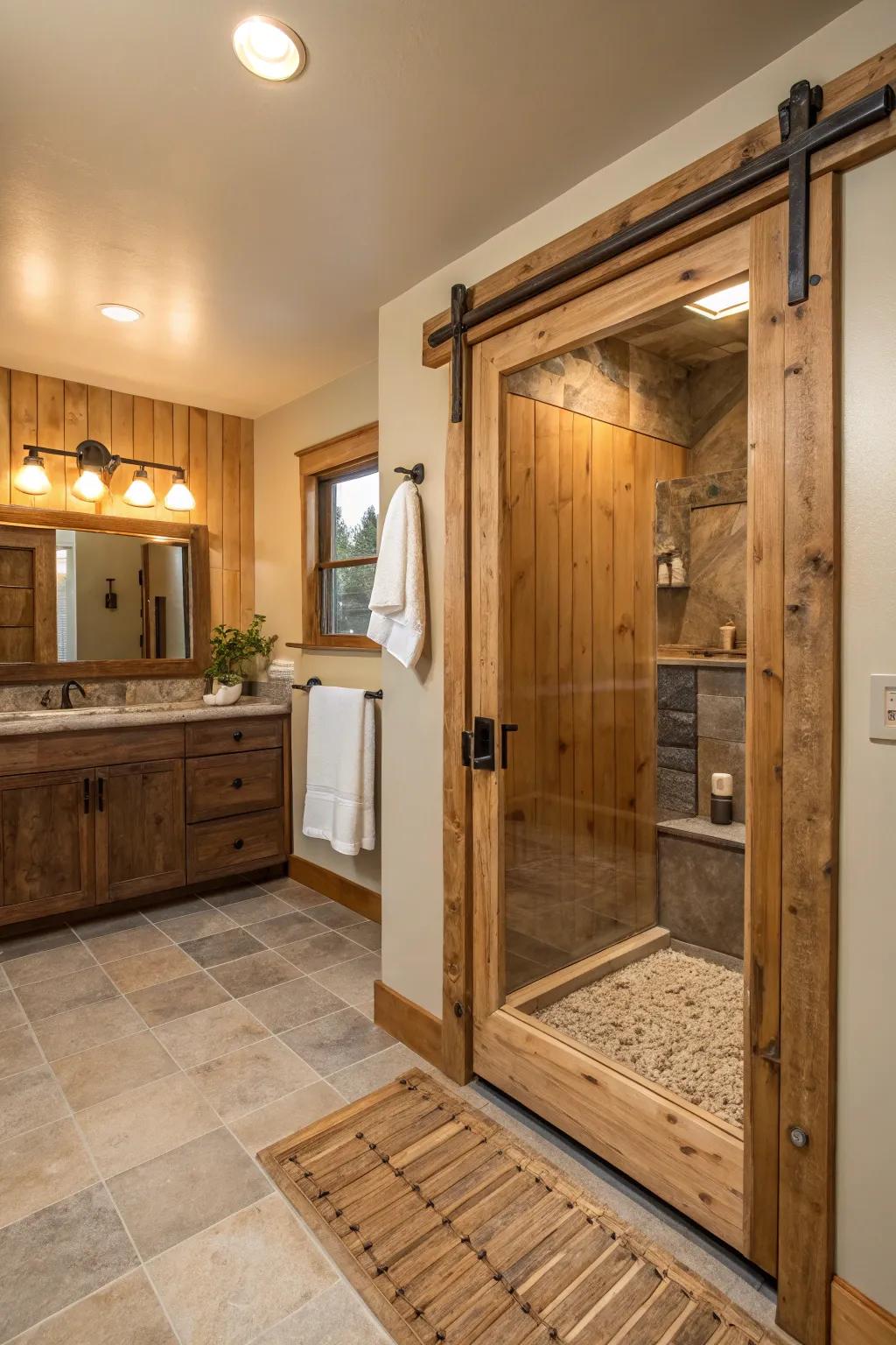 Elevate your bathroom's country-style charm with a shower door featuring a sturdy wood frame.