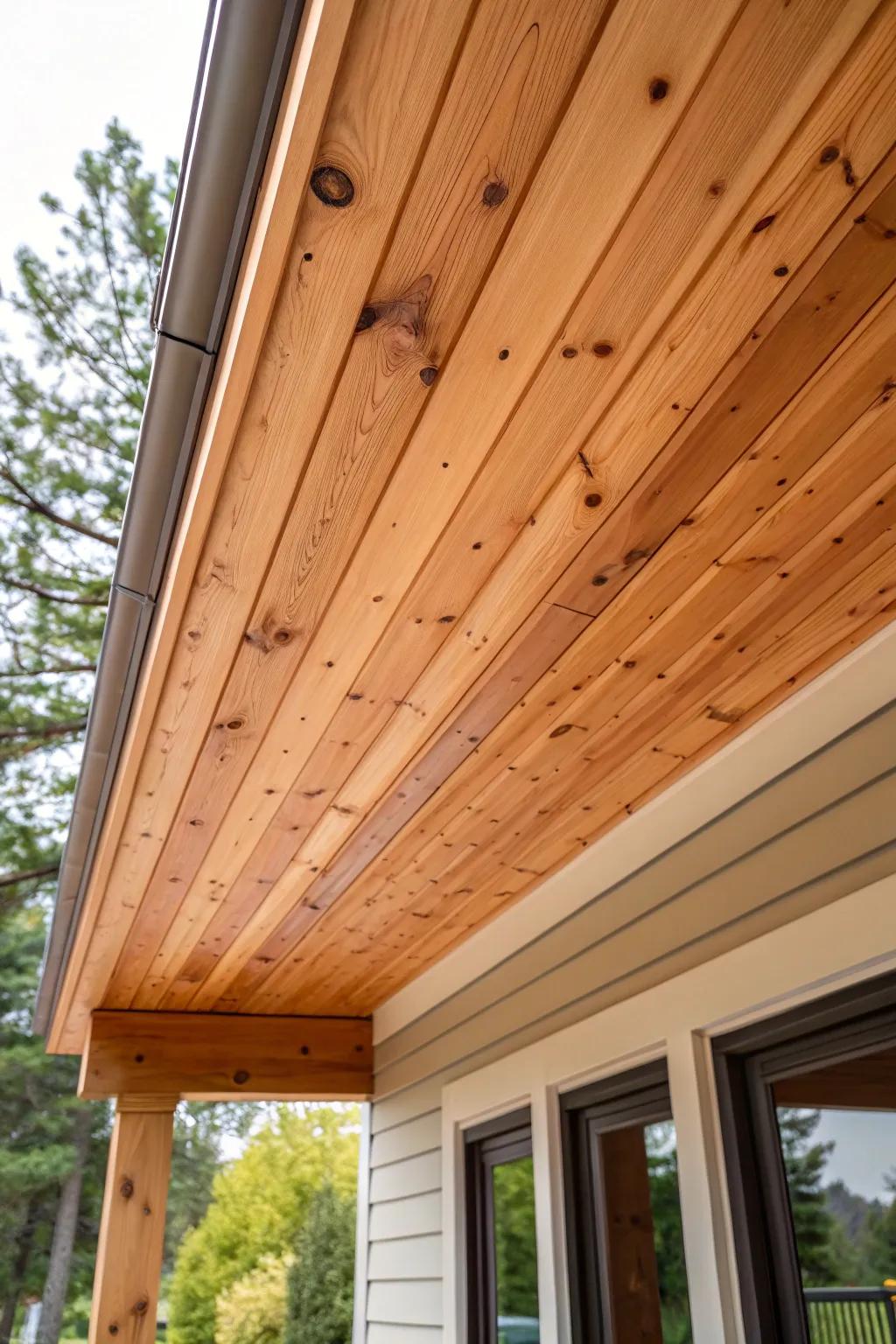 Amber wood soffits crafting an inviting and cozy entrance.