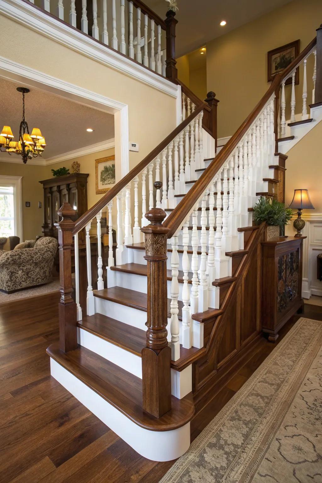 Timeless charm: classic wooden railing with deep tones.