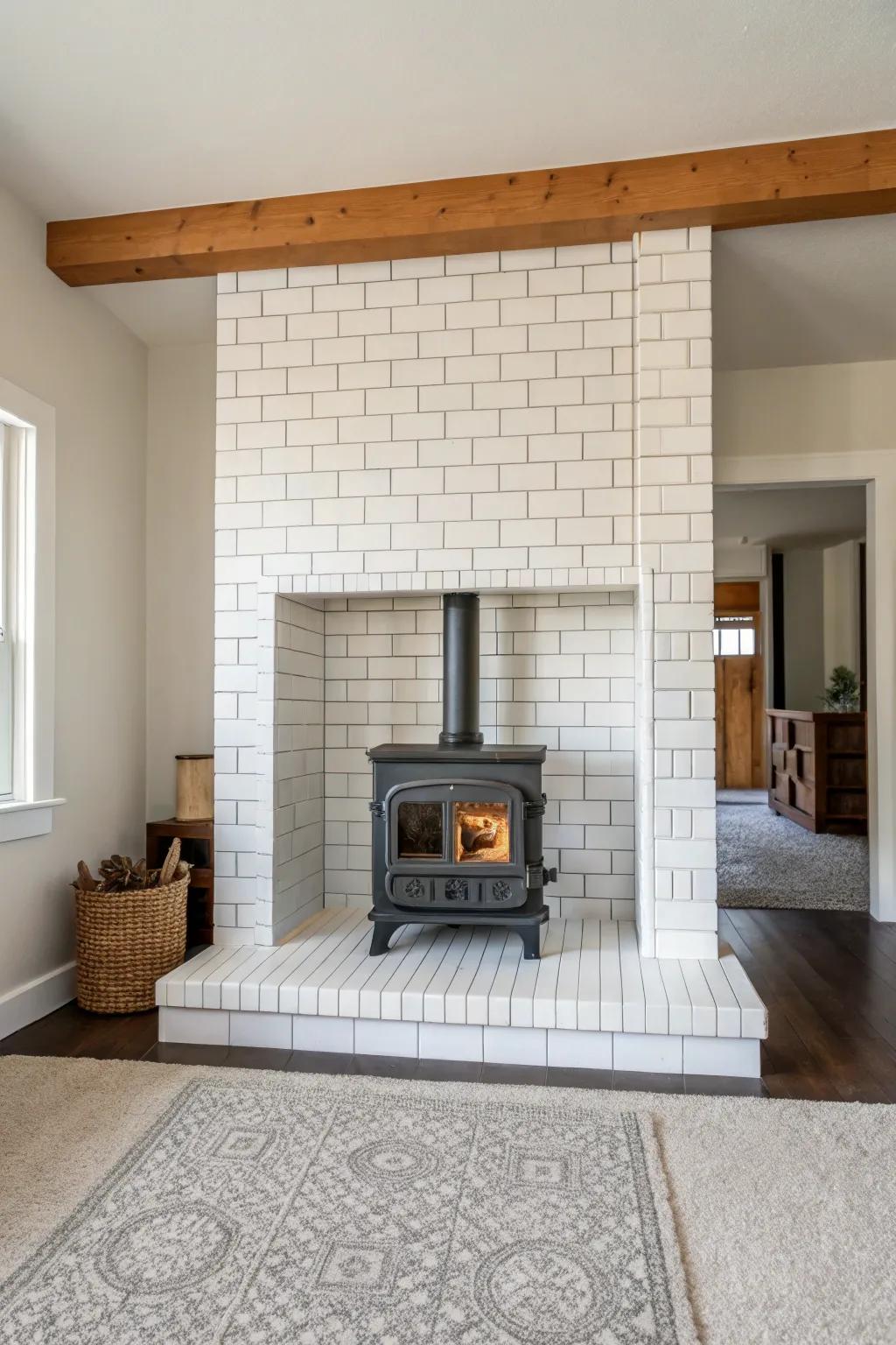A minimalist tile surround offers a serene, contemporary vibe for your wood-burning stove.