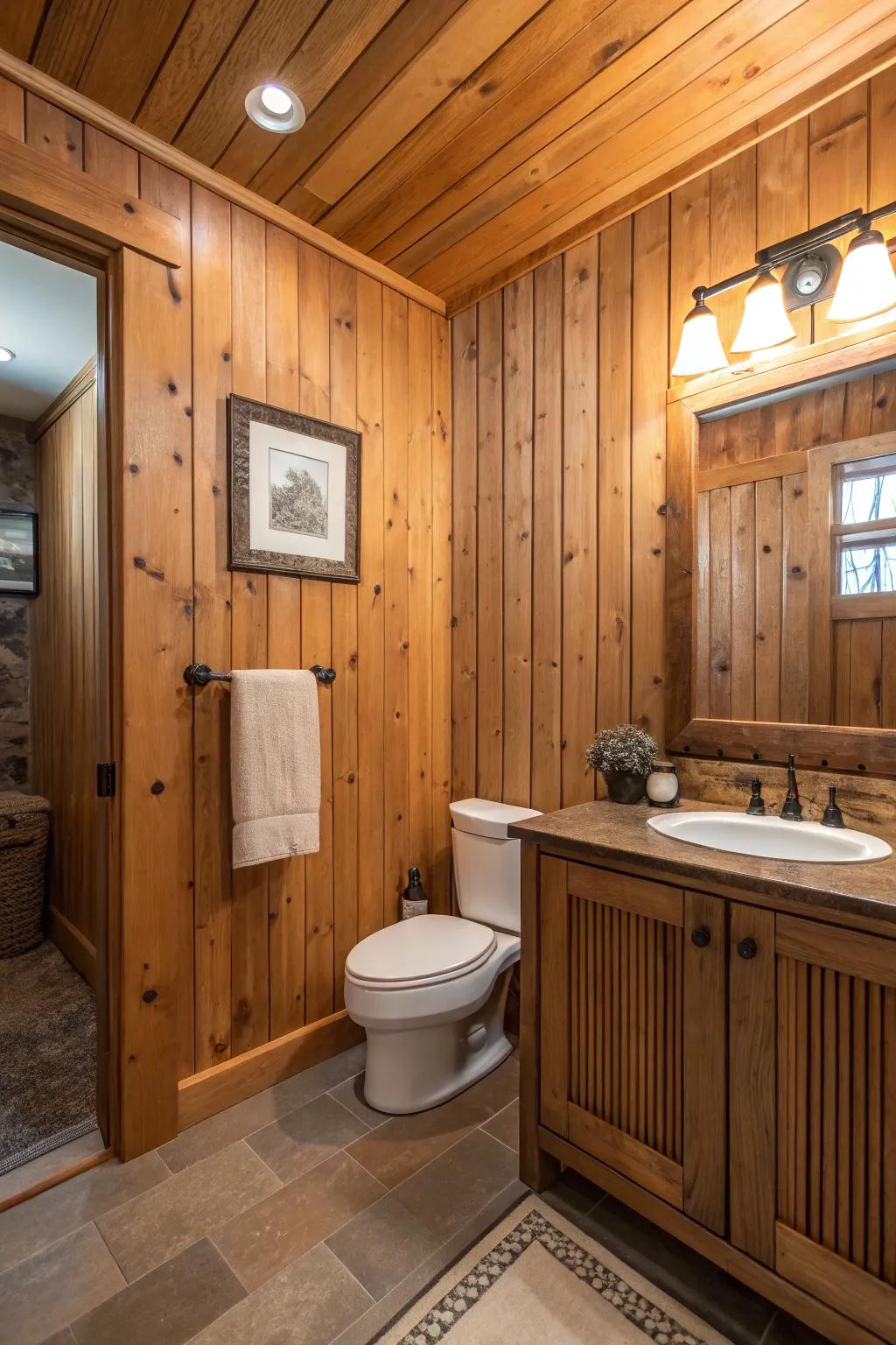 A charming bathroom showcasing interlocking wood boards.