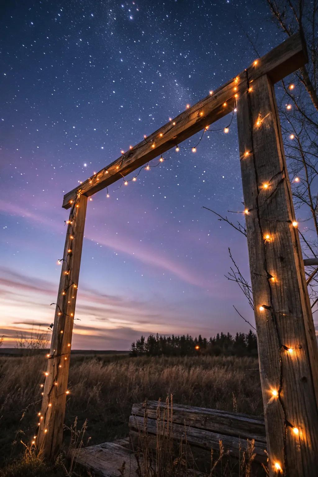 A timber frame laced with twinkling lights crafts a magical evening wedding scene.