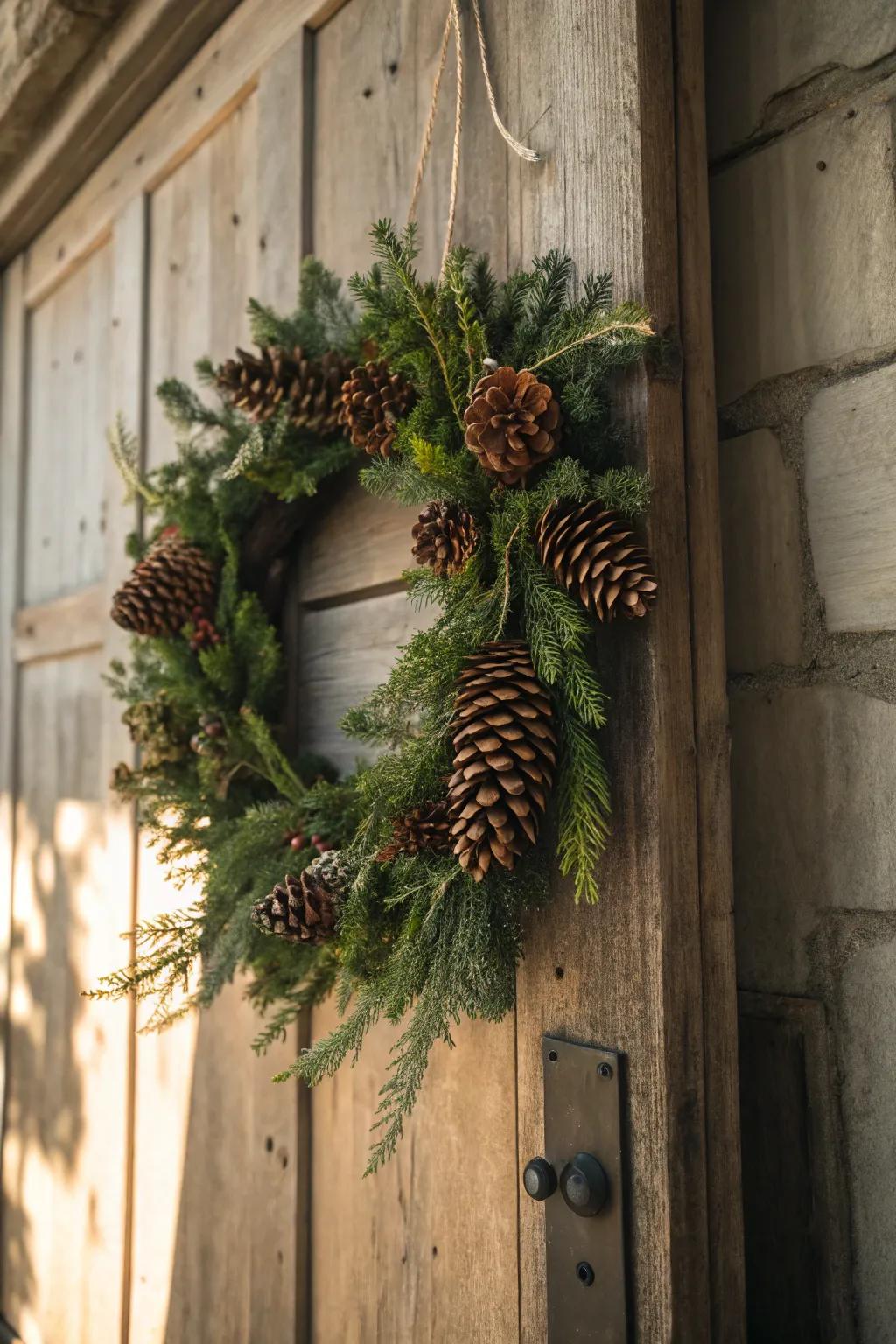 A wreath embodying the peaceful spirit of a woodland getaway.