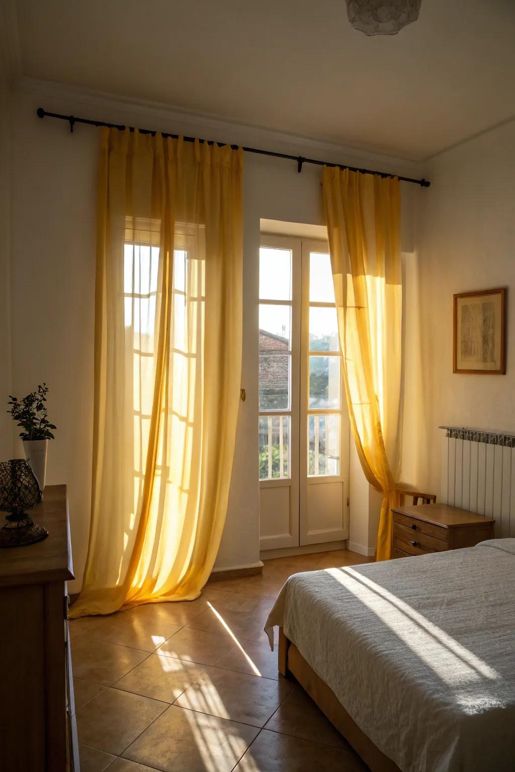 Lightweight yellow curtains let in sunlight and create a spacious atmosphere in the bedroom.