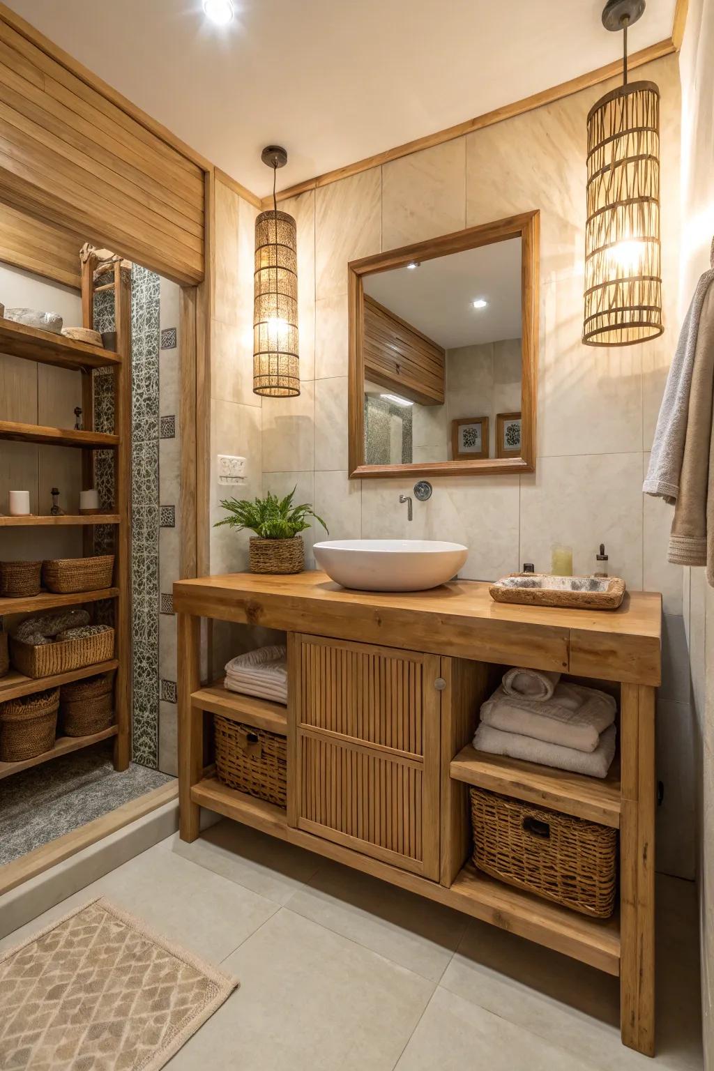 Wood details create a welcoming, calming zen bathroom atmosphere.