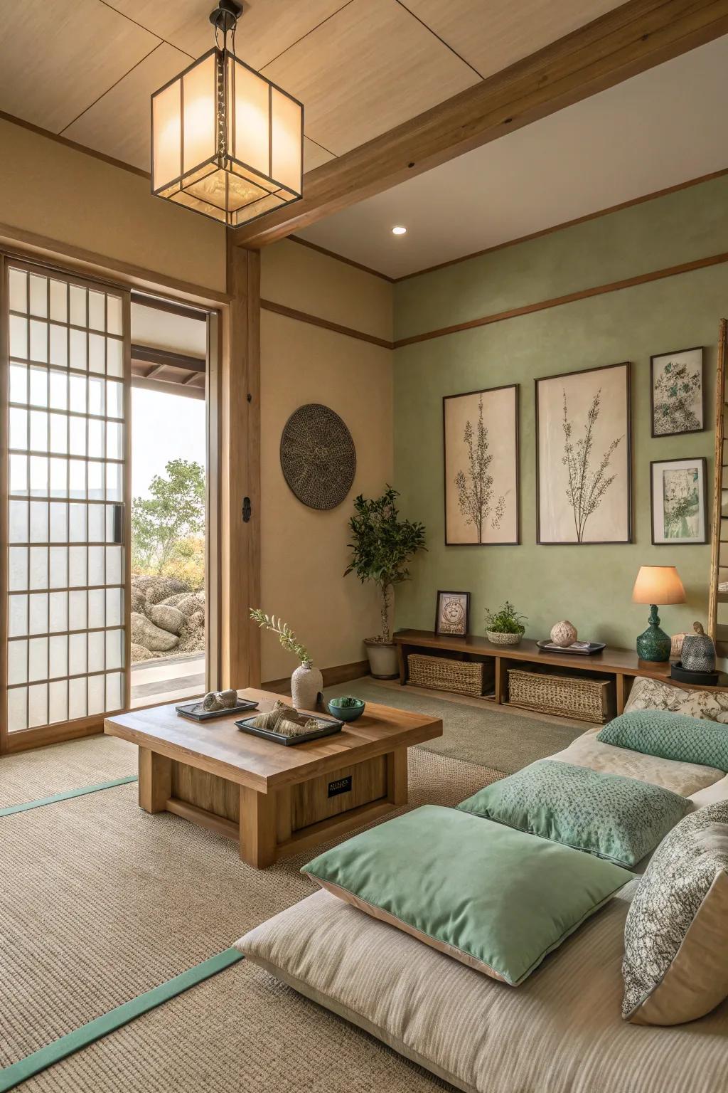 A zen living room showcasing earthy tones for a calming atmosphere.