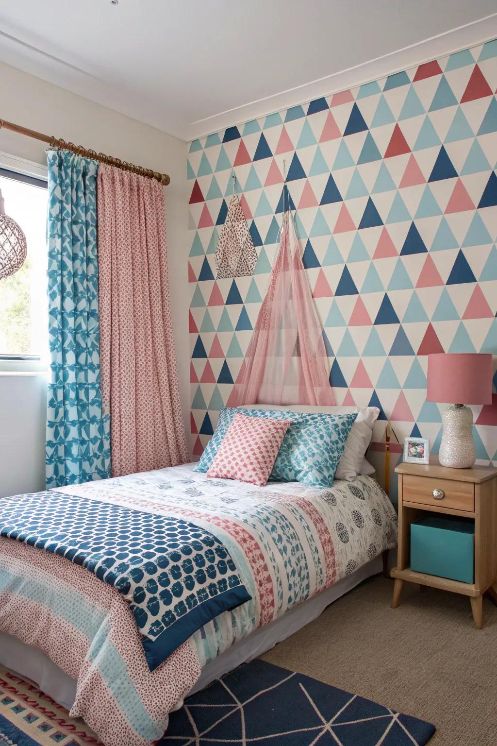 Geometric designs append a modern touch to the bedroom decor.