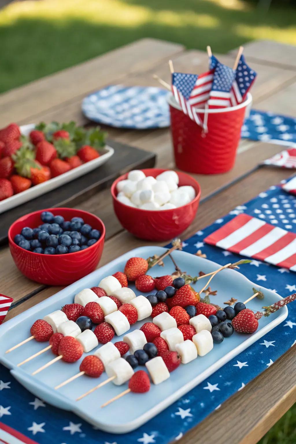 Colorful fruit skewers are a healthful and celebratory snack selection.