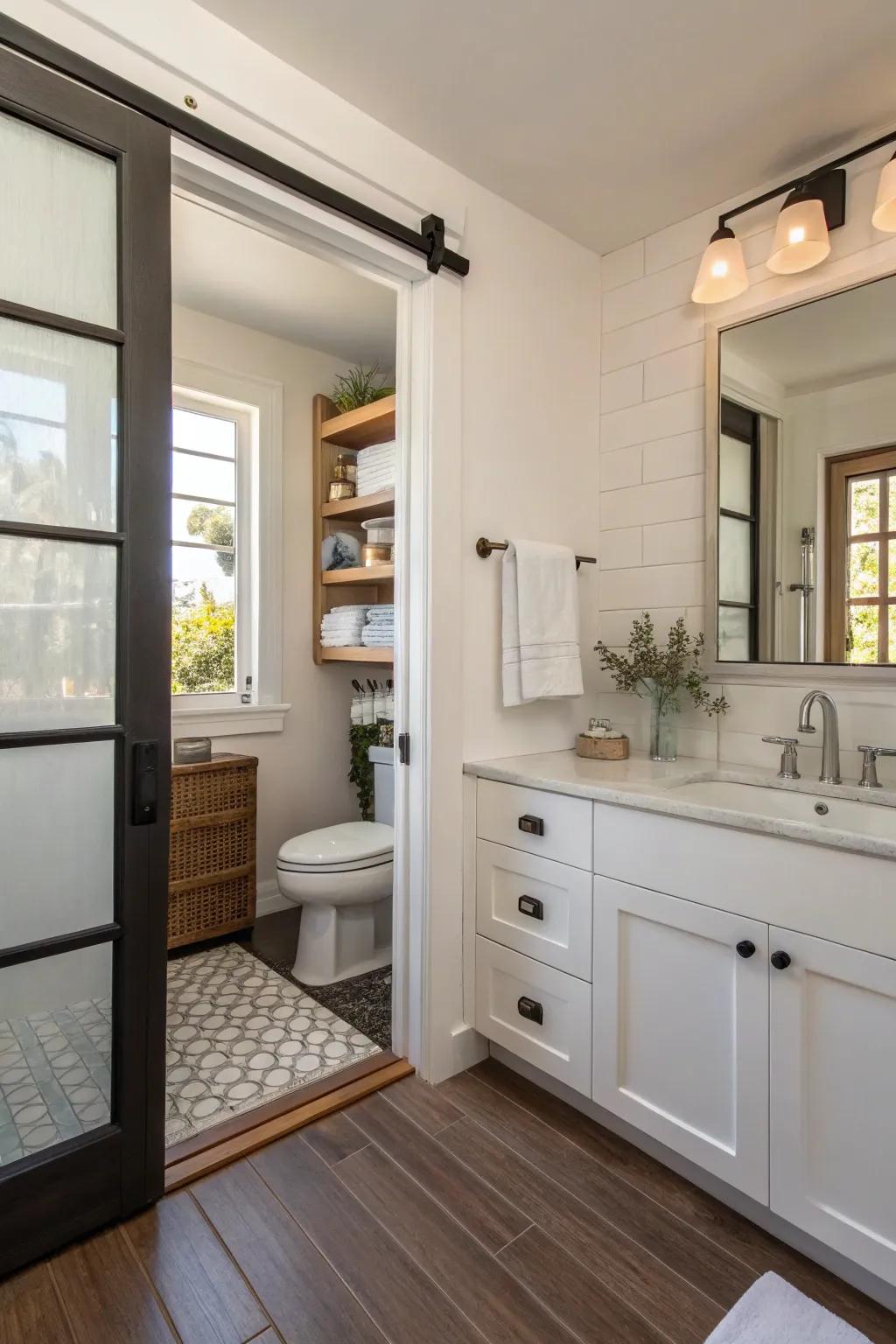 Sliding doors save space and improve the flow of small bathrooms.