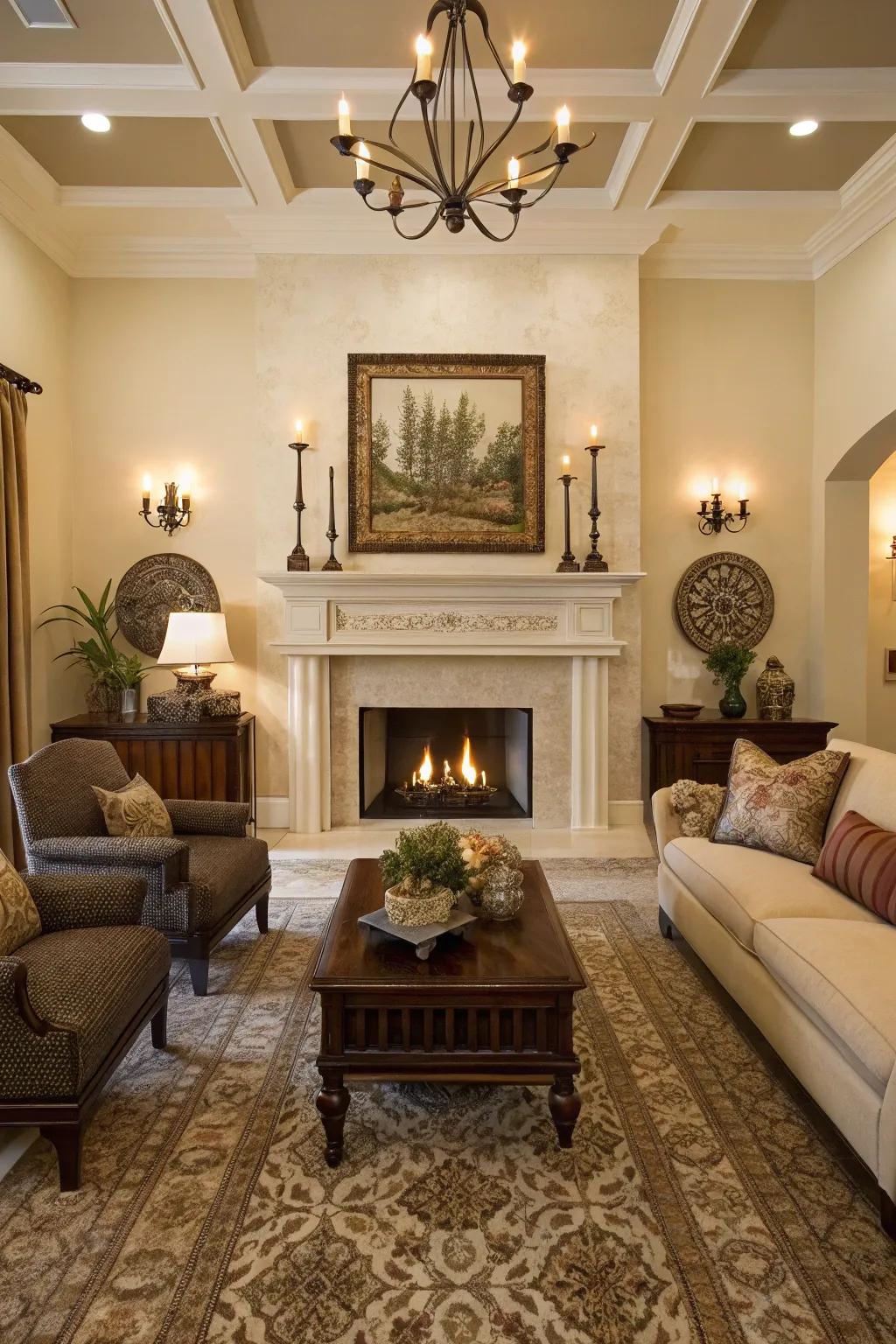 Symmetry engenders a stabilised and harmonious aesthetic above the fireplace.