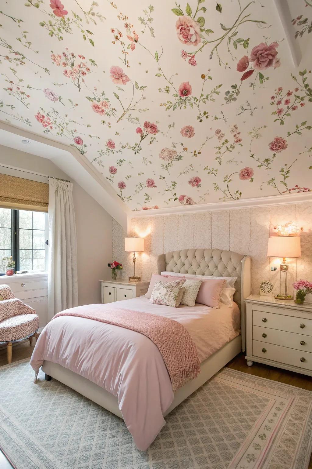 Floral wall covering on the ceiling introduces a touch of eccentricity.