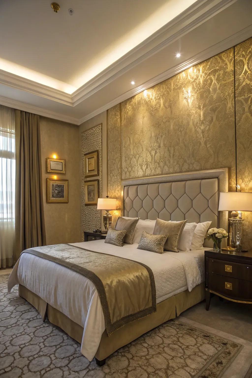 A shiny gold accent wall adds a luxurious touch and reflects light in the room.
