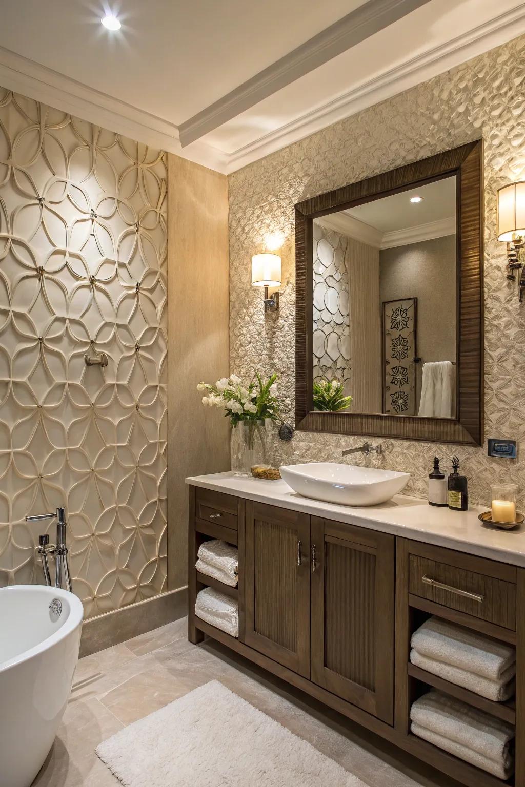 A bathroom featuring a textured accent wall adding depth and interest.
