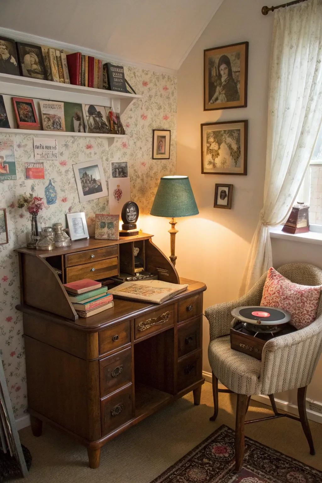 Vintage acquisitions permeate the room with character and annals of the past.