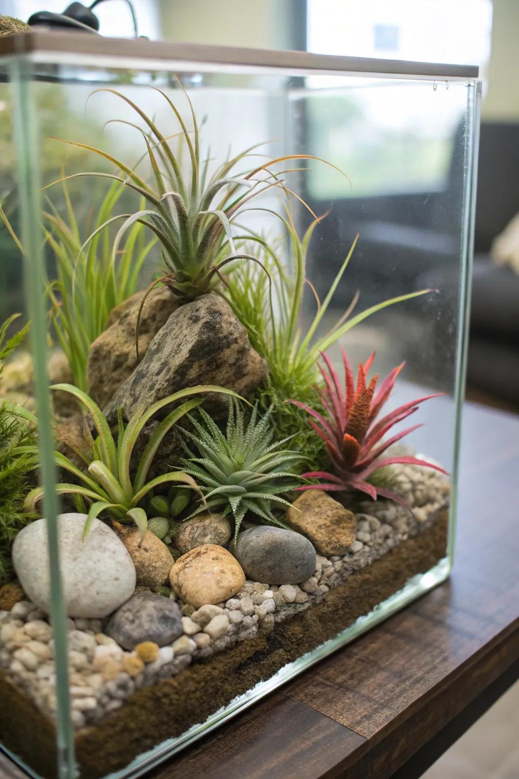 An aquarium reimagined as a distinctive air plant showpiece.