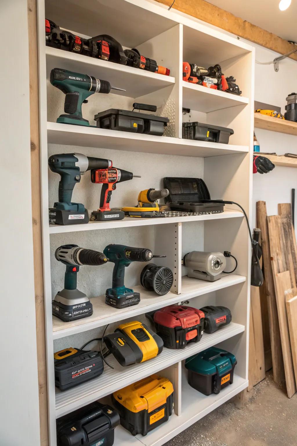 Adjustable multi-level shelf unit for flexible tool storing.