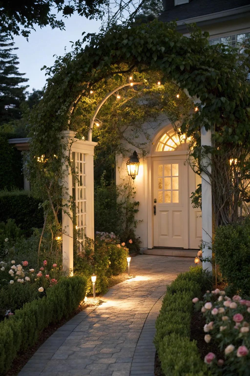An arbor featuring integrated lighting for a charming nighttime gateway.