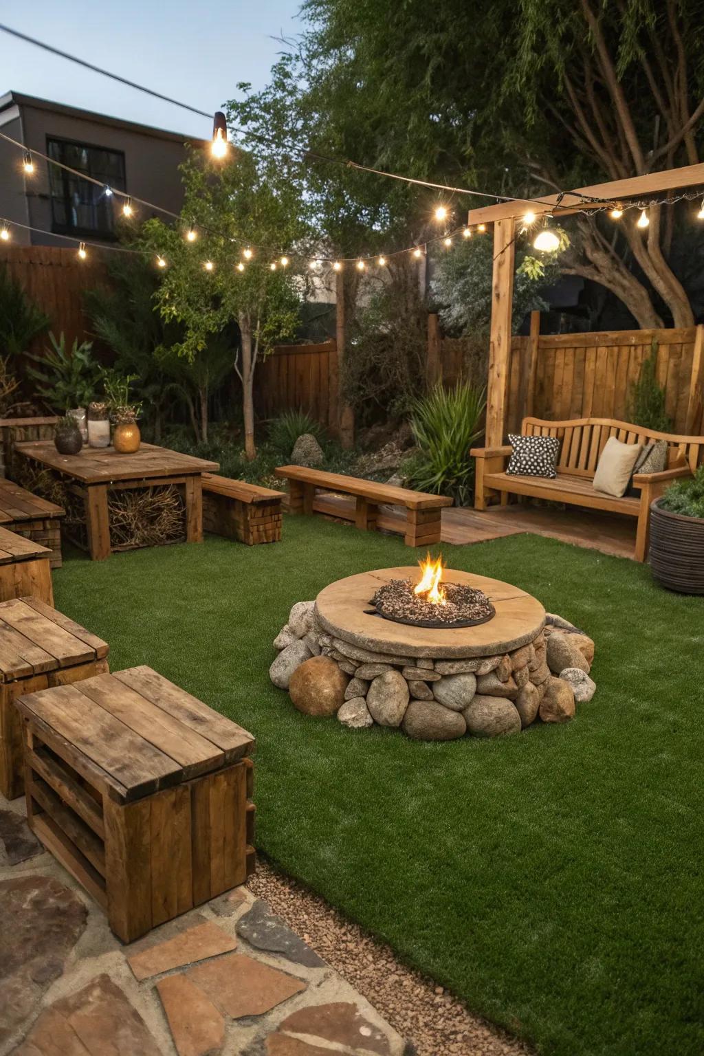 Capture rustic charm using natural highlights and artificial grass.