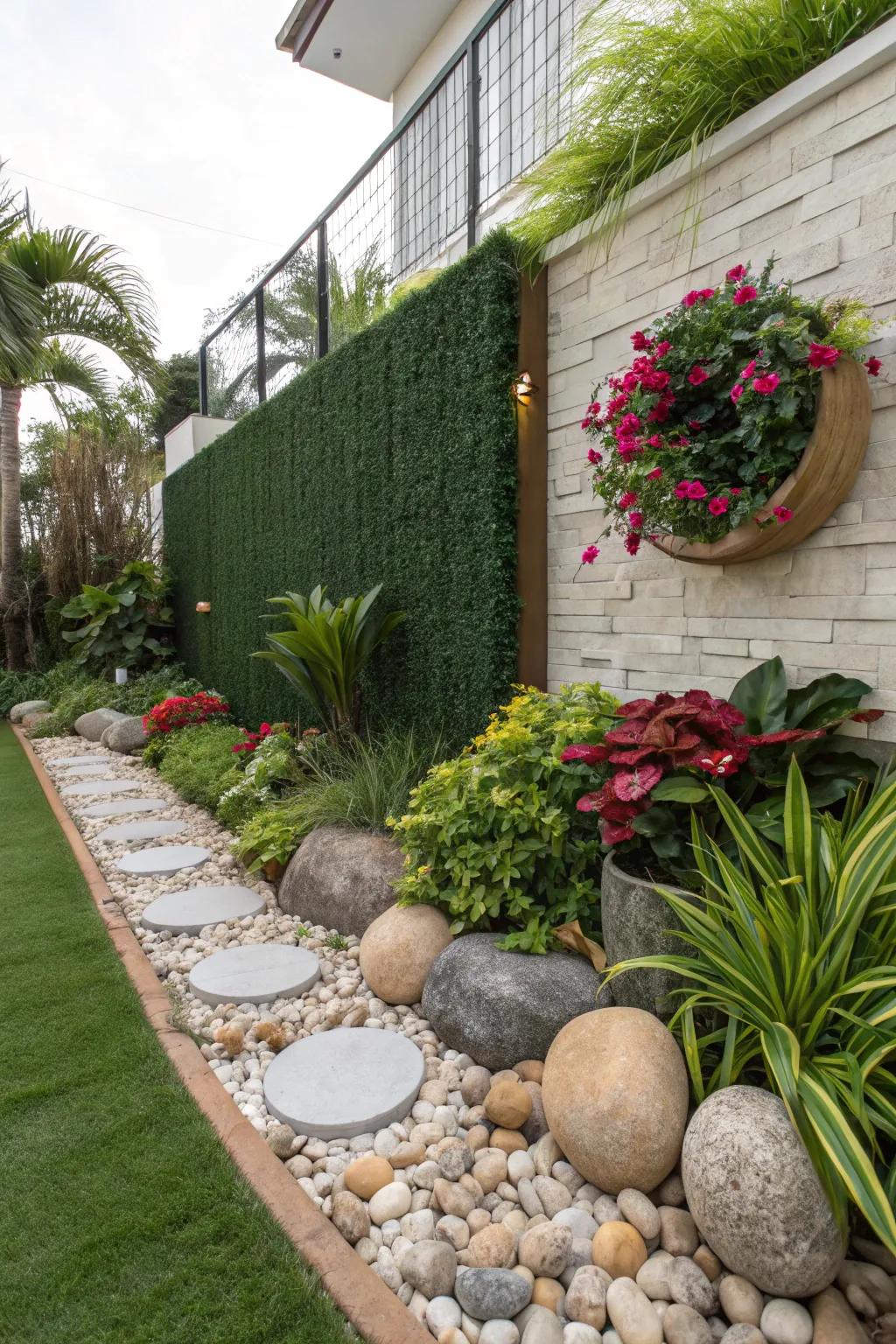 A garden enhanced using a fabricated grass wall smoothly integrated using real plants.