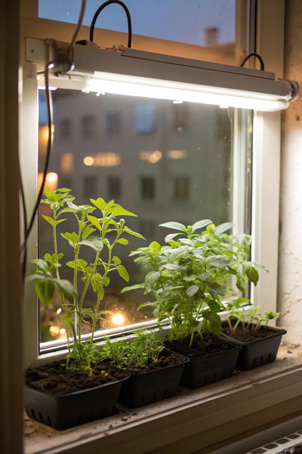 Window frame grow lights amplifying natural sunlight for indoor flora.