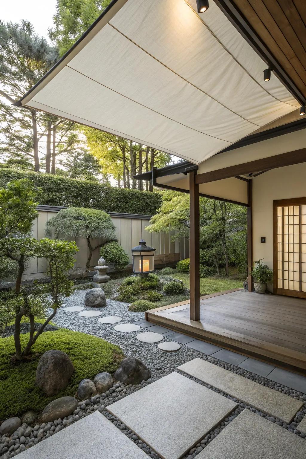 Welcome calmness through an oriental-inspired fabric canopy.