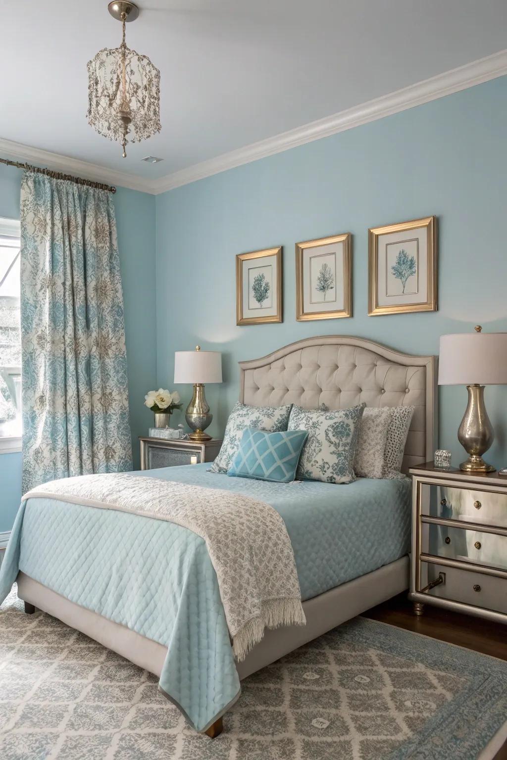 Metallic touches elevate the elegance of a pale sky bedroom.