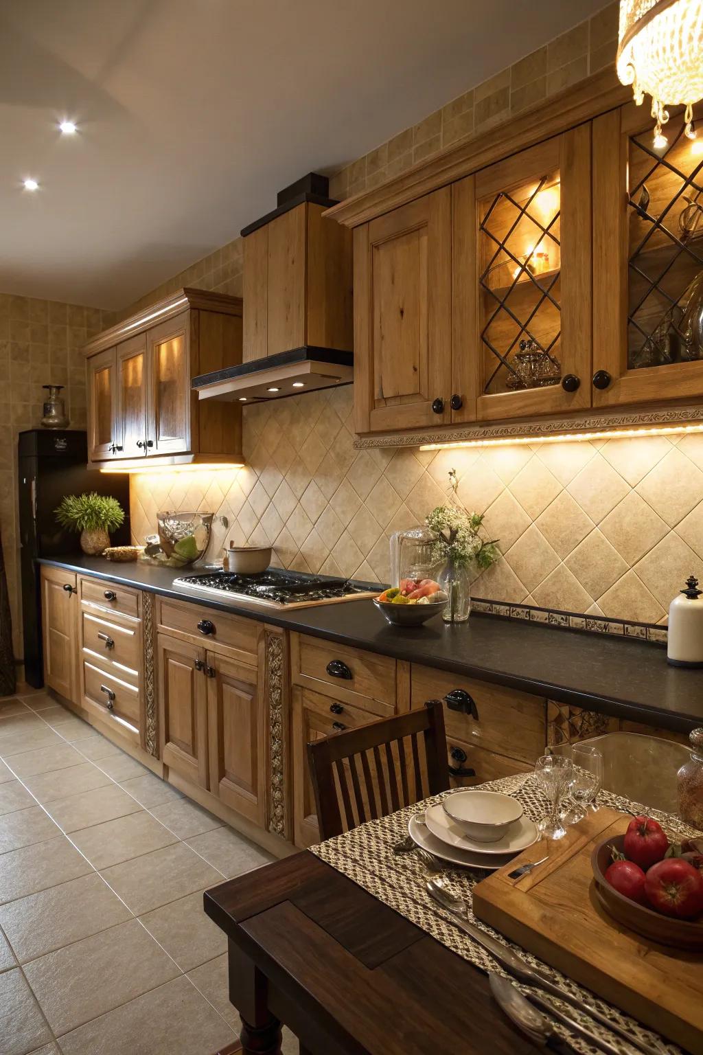 Sand hues offer a warm and welcoming contrast to dark countertops.