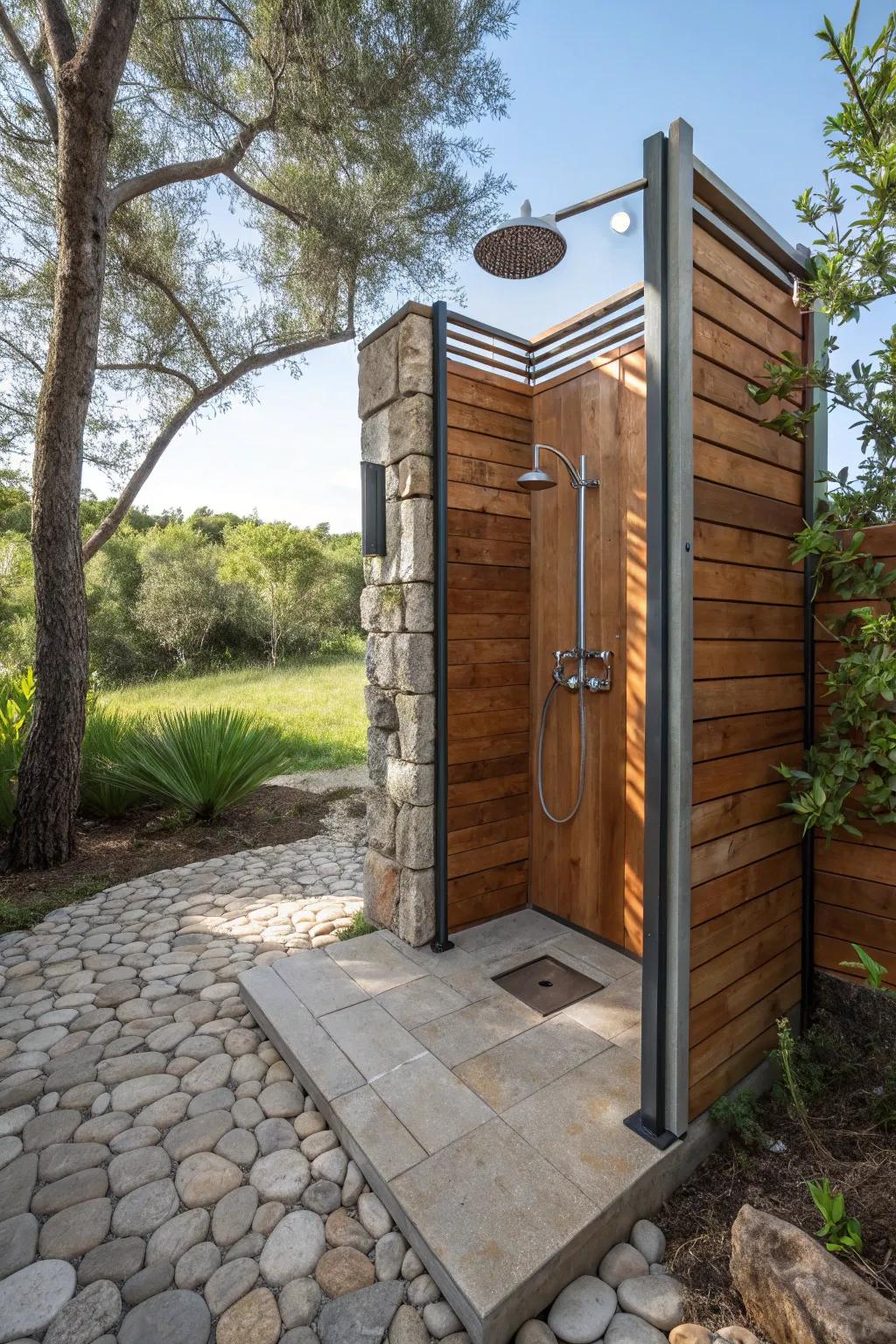 A visually intriguing outdoor rinsing station with mixed materials.