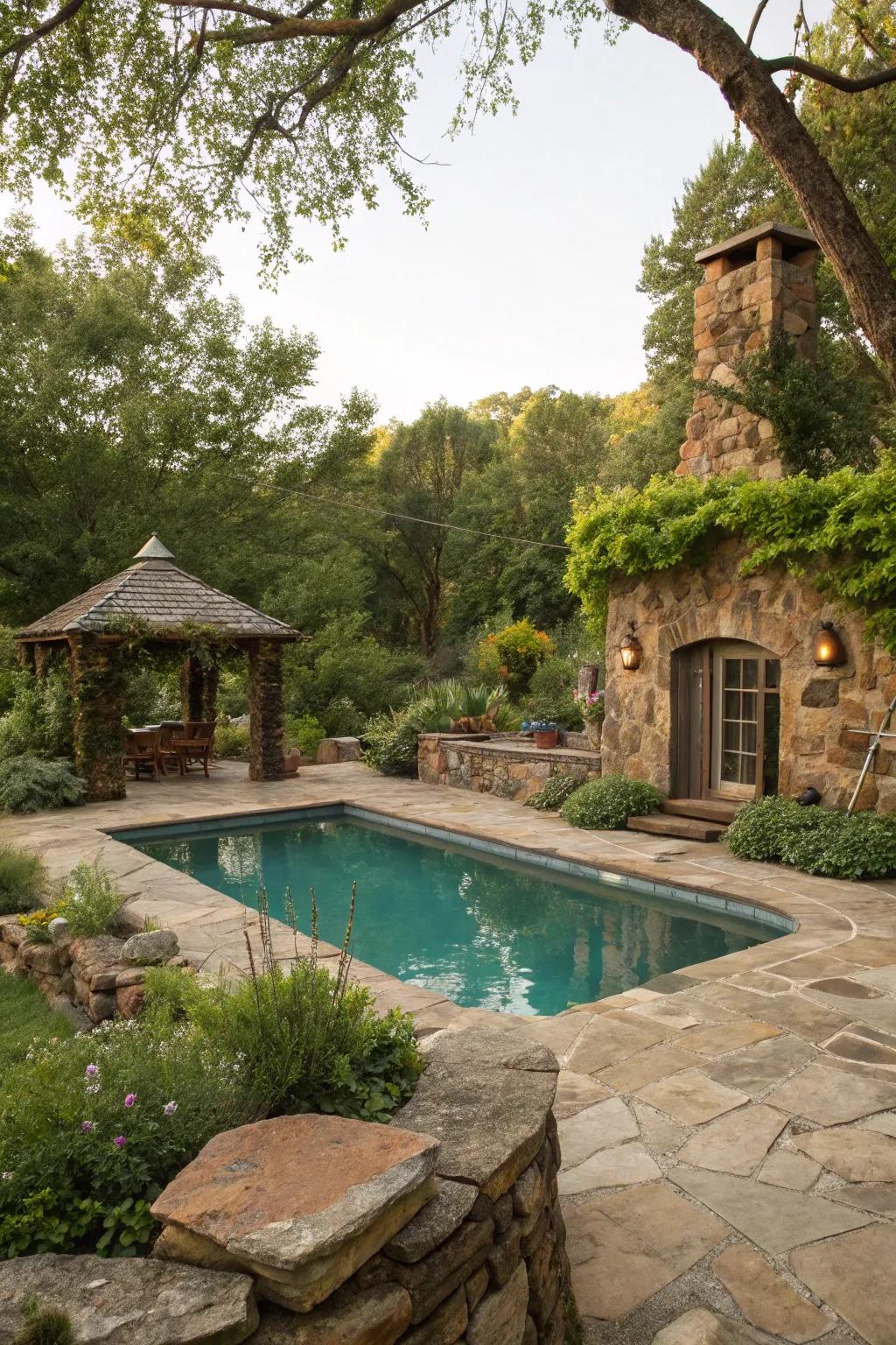 A pool design featuring rustic stone and earthy charm.