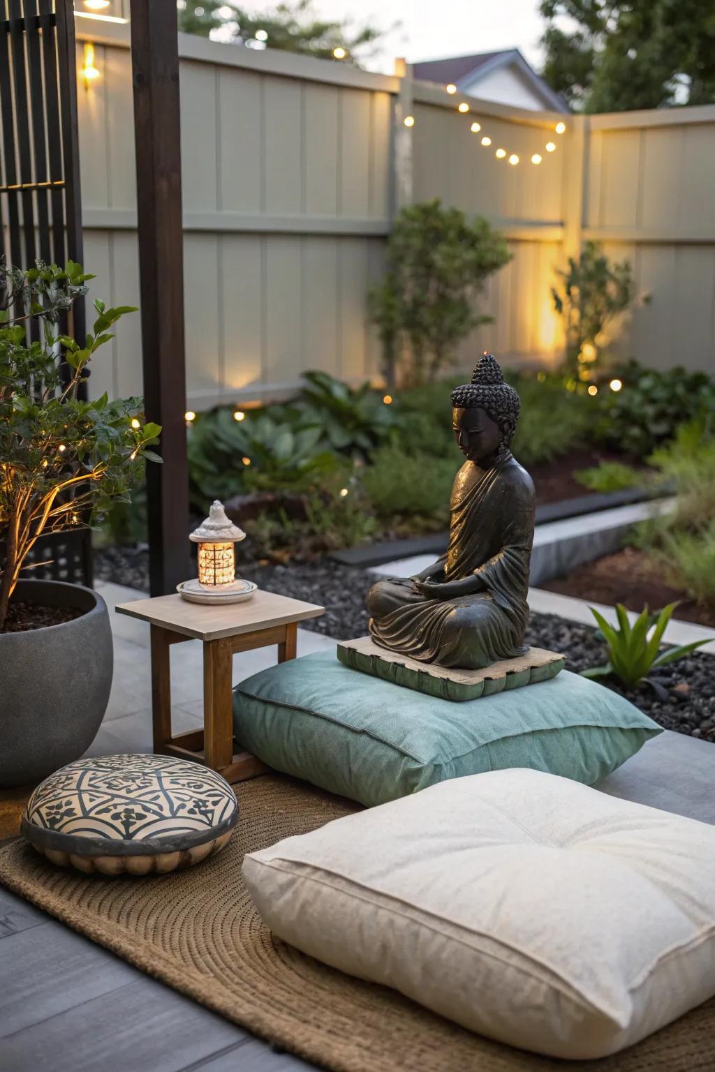 A meditation nook provides a tranquil retreat for introspection.