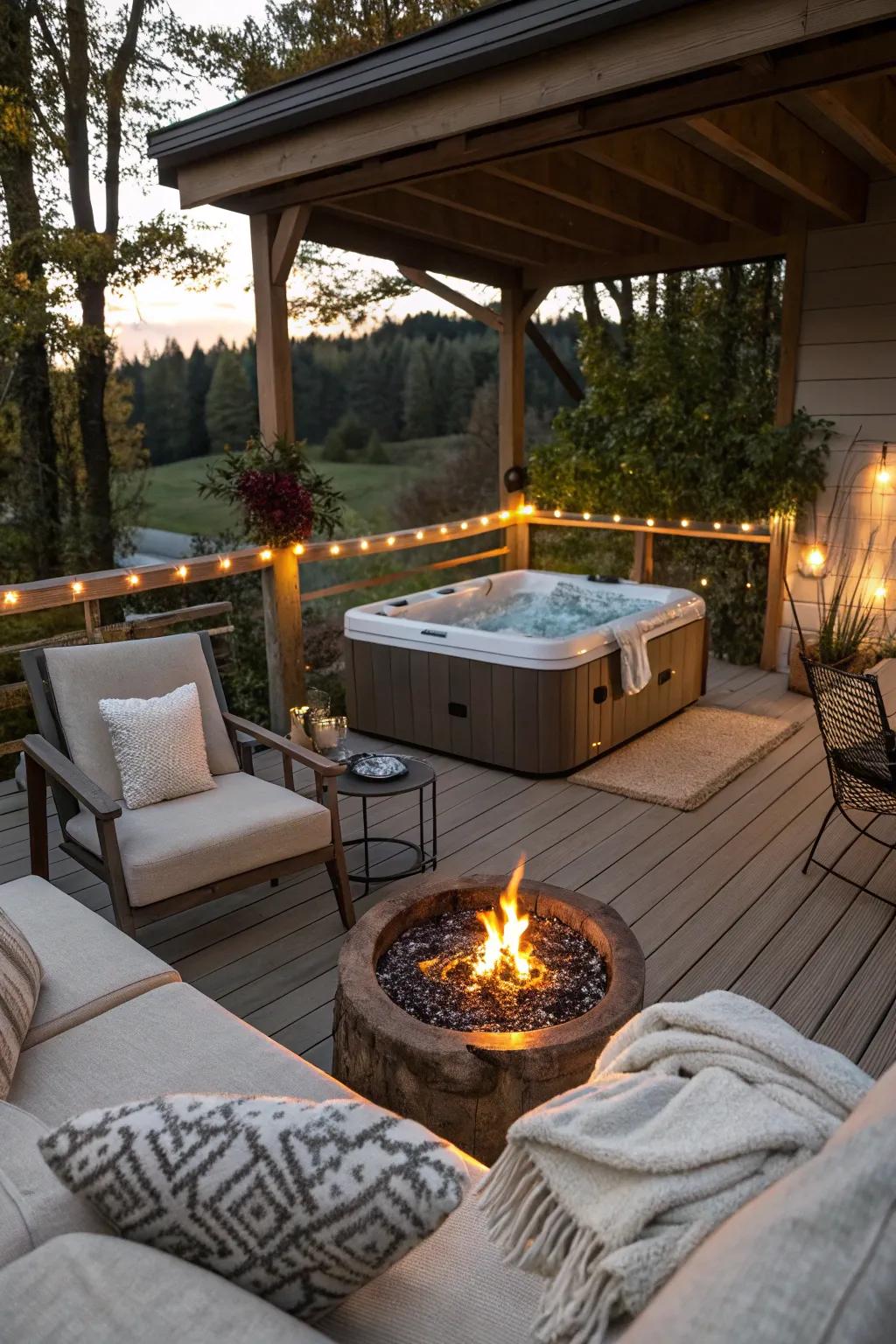A fire pit brings warmth and a point of convergence for unwinding and connecting.