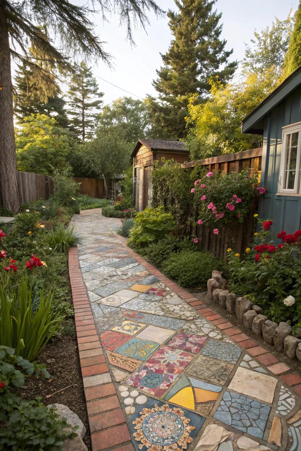 A vibrant mosaic tile pathway adding artistic flair to a backyard.