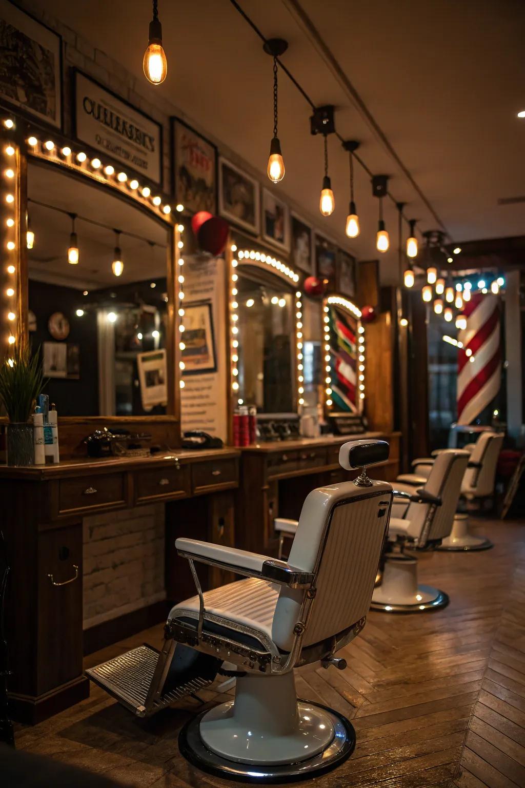 Hidden lights creating a mysterious and inviting atmosphere in a barbershop.