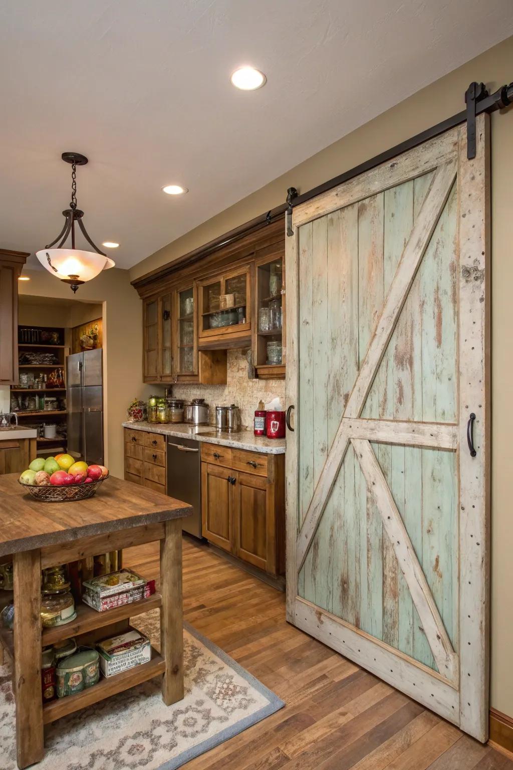 A kitchen featuring a sliding barn door pantry highlighted by distressed paint.