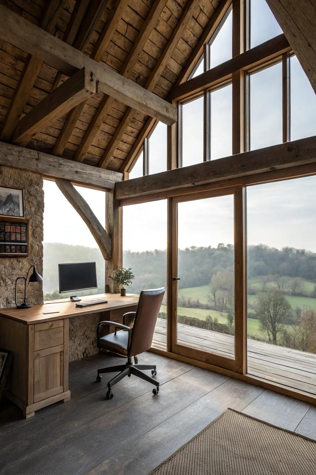 A barn loft home office provides a peaceful and inspiring workspace.