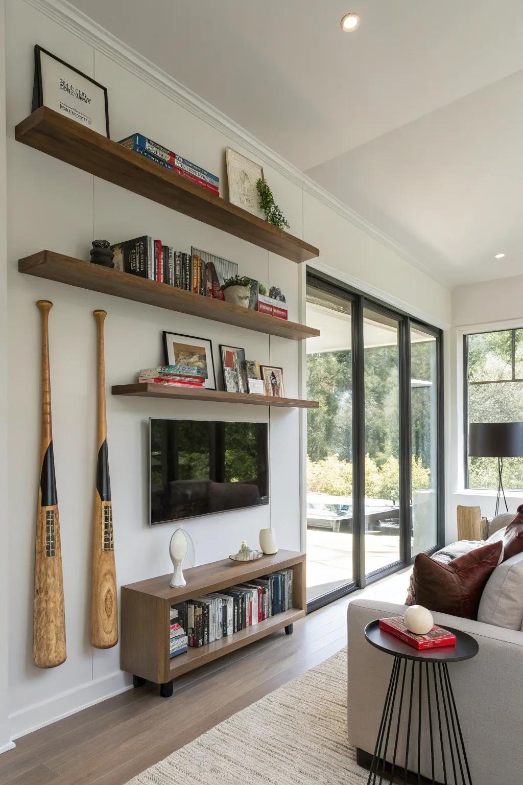 Understated floating shelves with a sporty twist.
