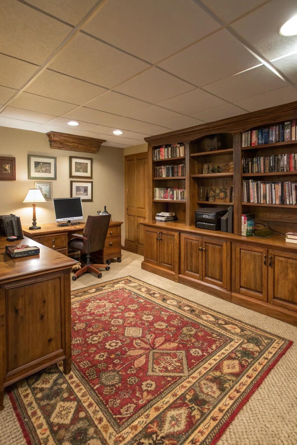 A cozy rug enriches both the comfort and style of your basement office.