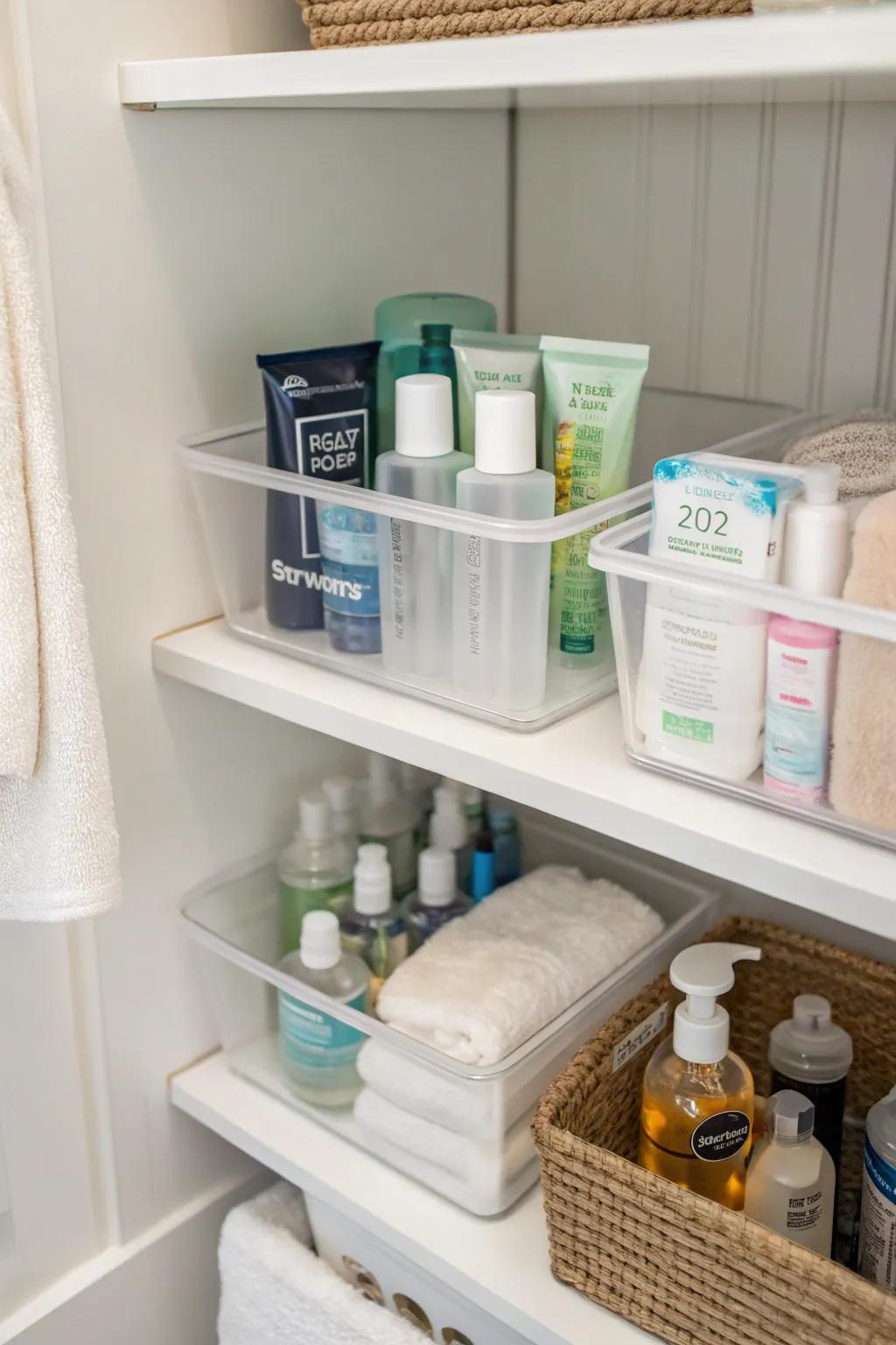 Crystal bins on shelves for easy access to toiletries.