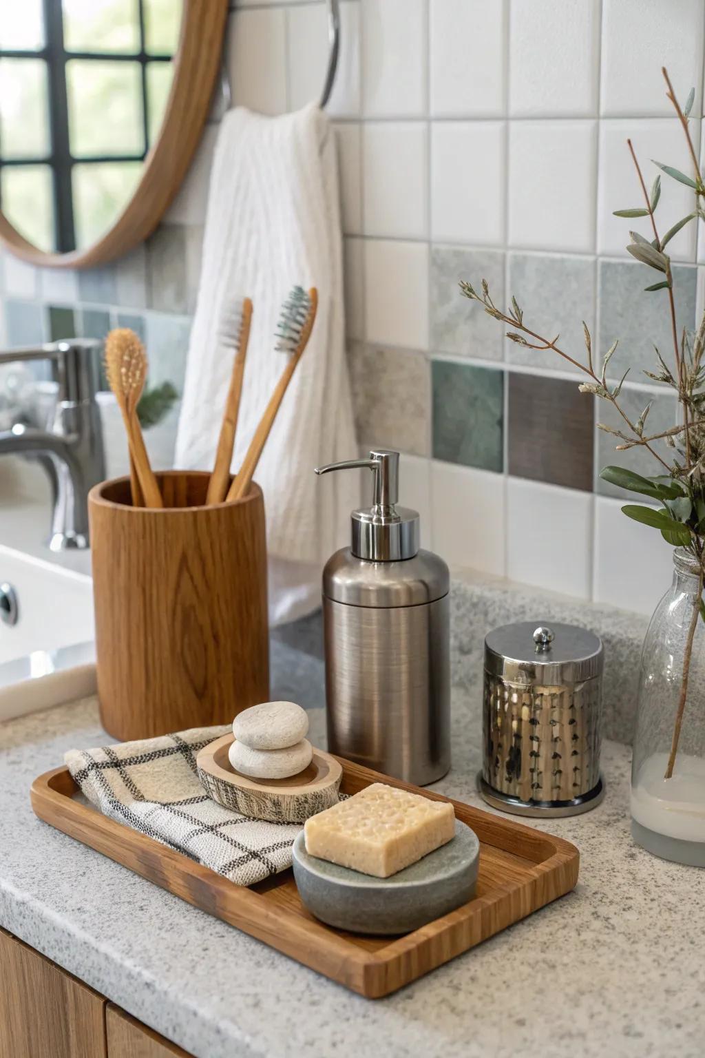 Mix materials for an eclectic bathroom counter.