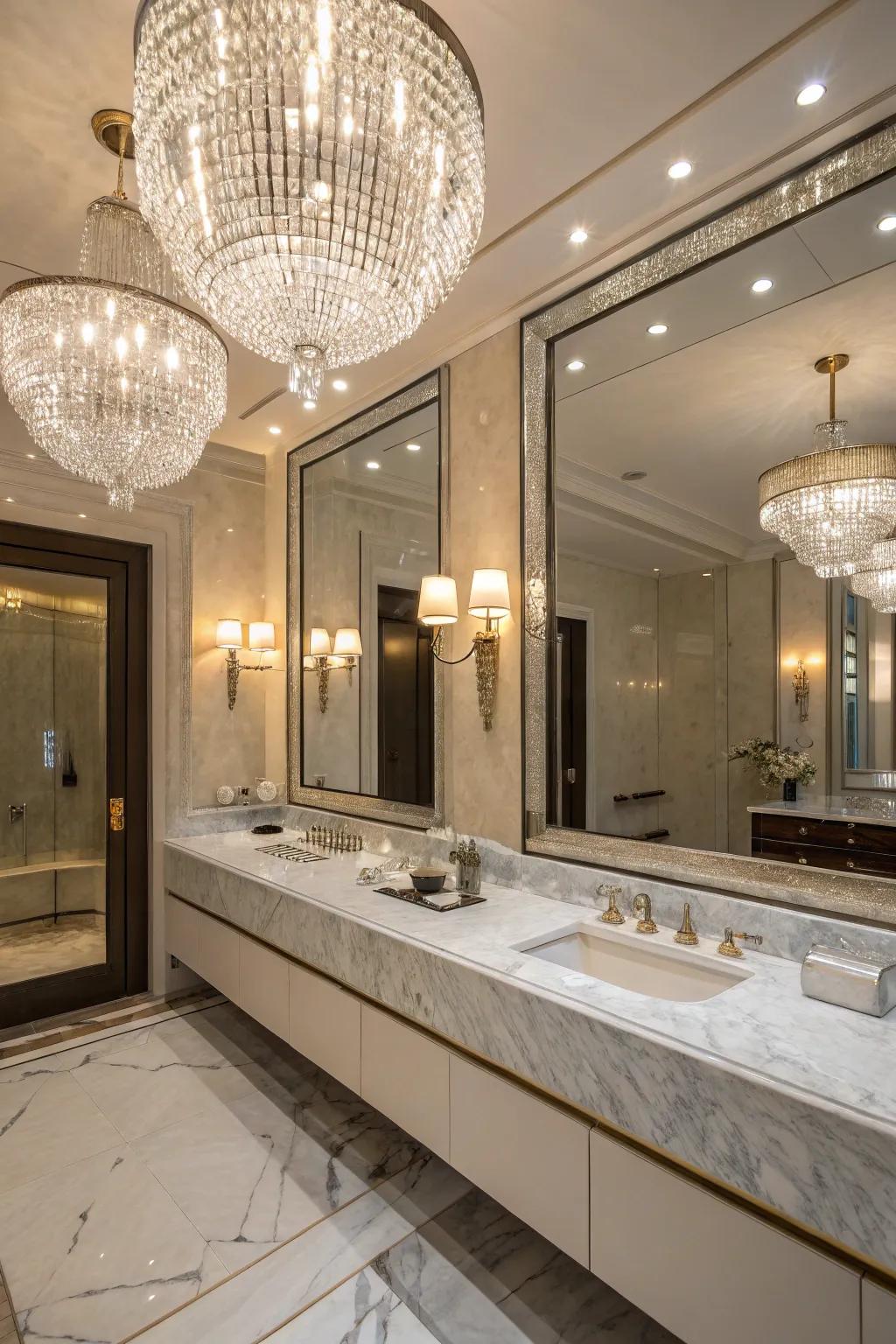 Crystal units impart glamour and sparkle to the bathroom.