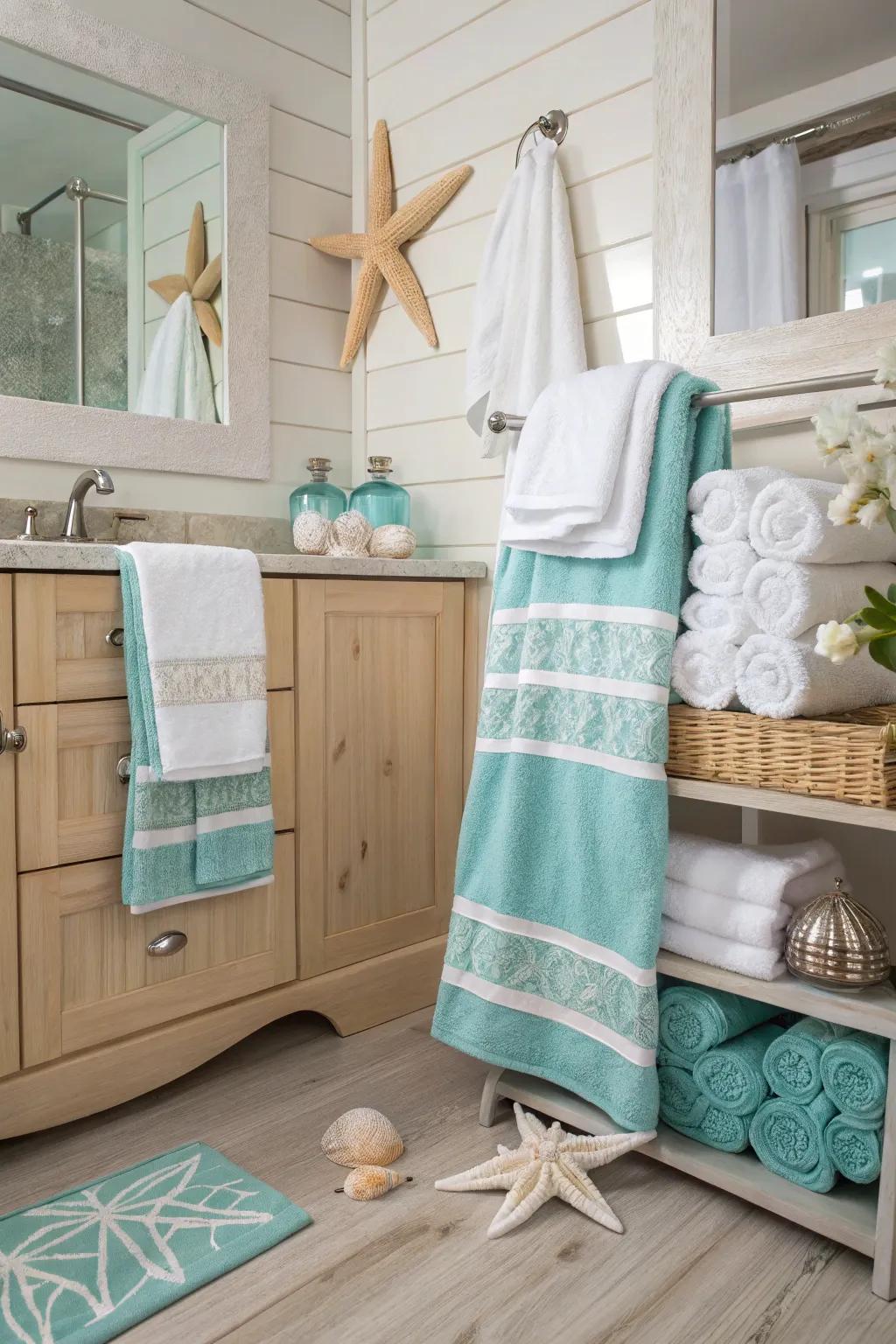 Seafoam and white cloths create a tranquil, coastal feel.