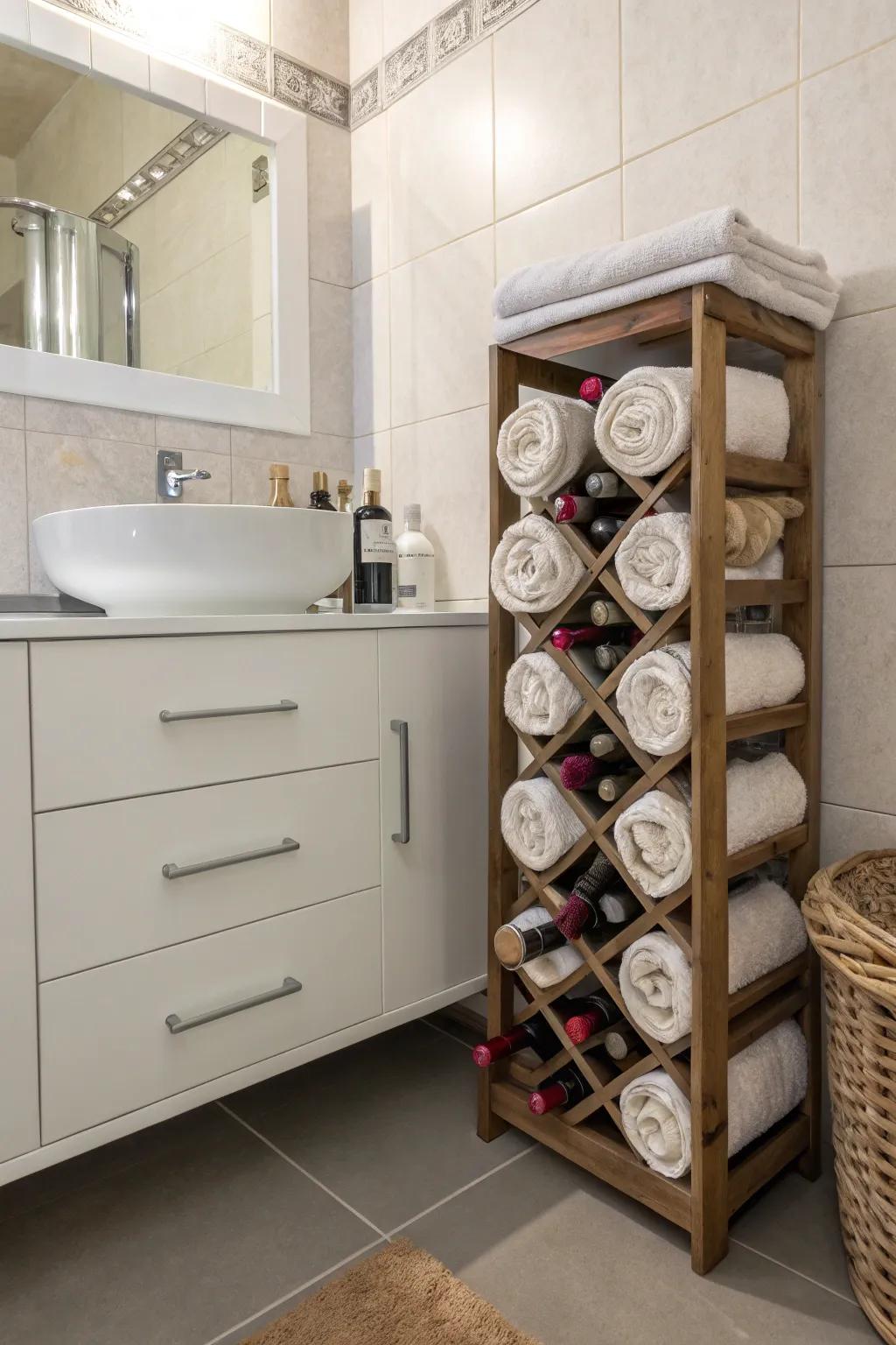 A wine rack creatively repurposed for towel keeping.