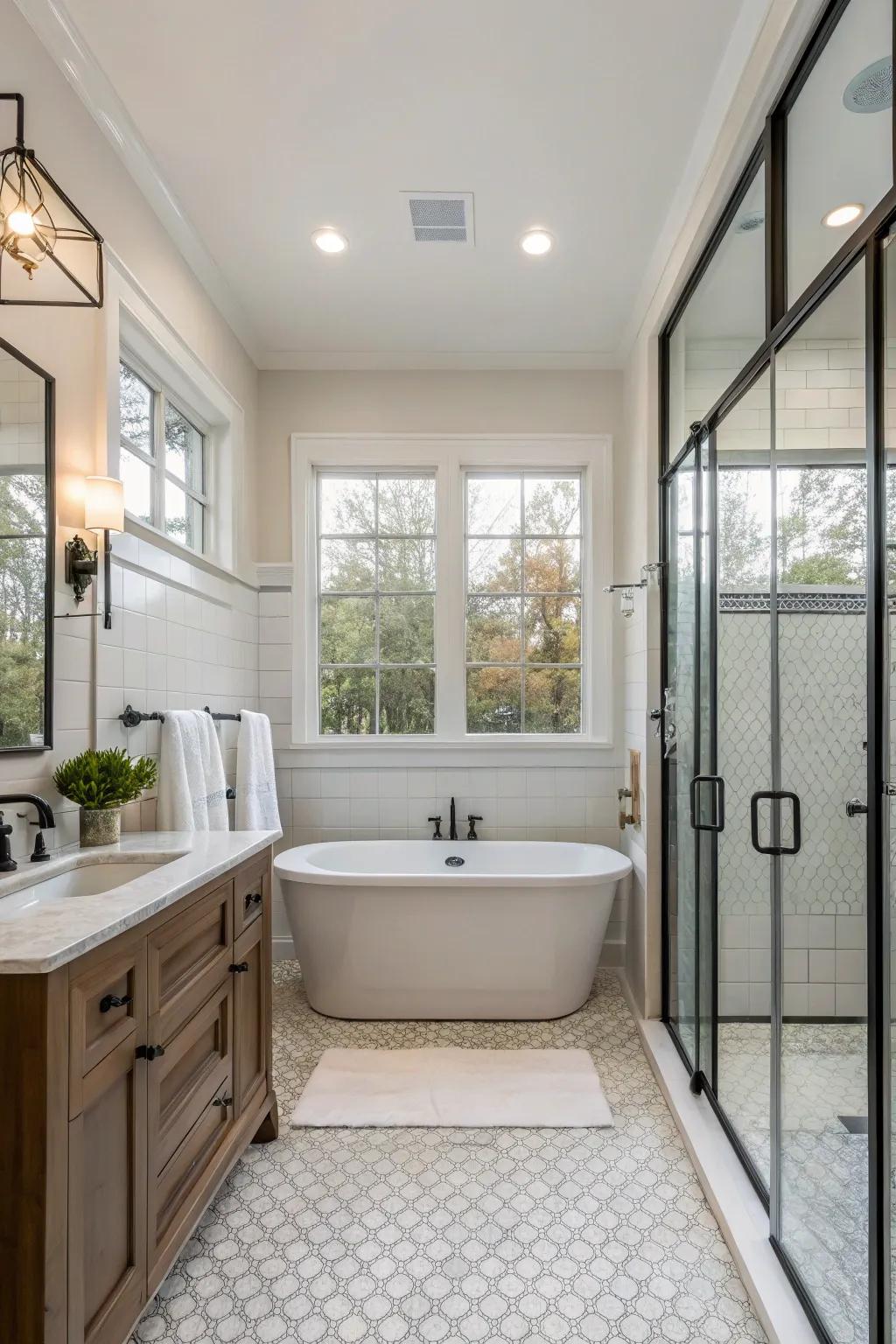 Inventive strategy exhibiting a soaking tub enclosed within the shower space.