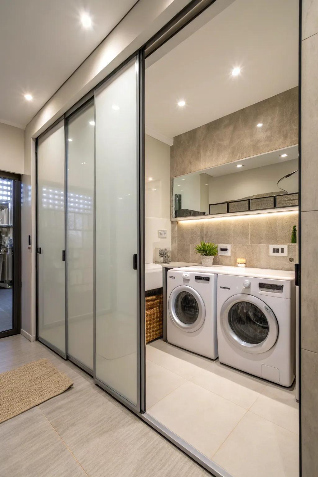 Sliding doors conceal the laundry area, maintaining a clean, uncluttered appearance.