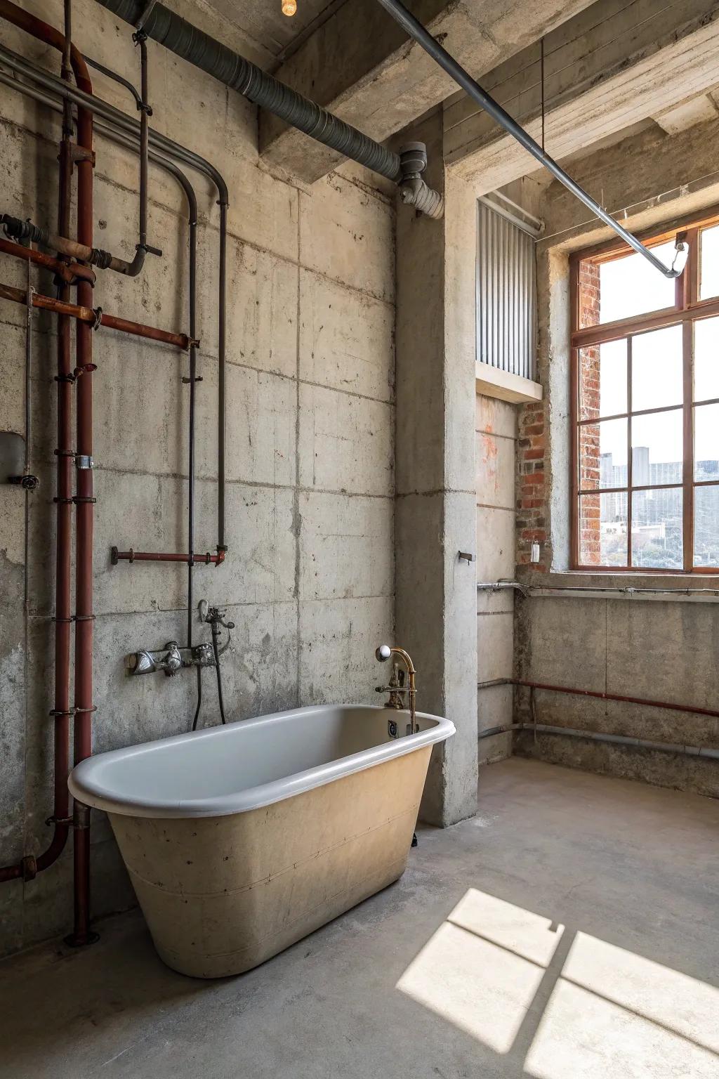 A factory-style bathtub featuring exposed piping introduces an edgy vibe.